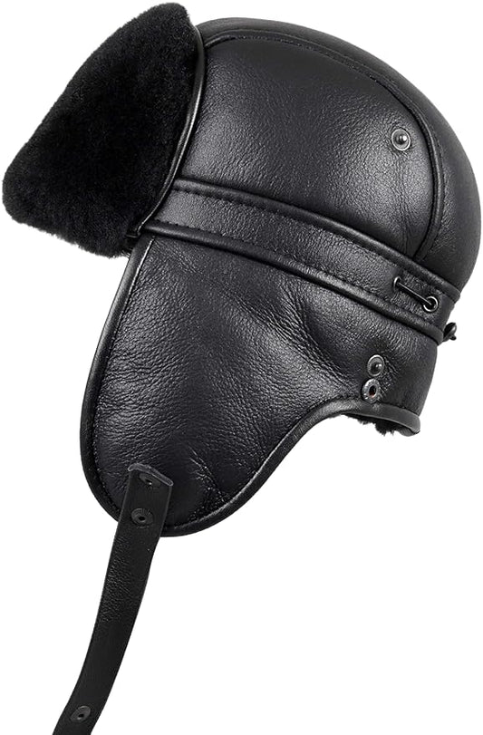 Unisex Shearling Sheepskin Aviator Russian Ushanka with Snap Hat Medium Solid Black