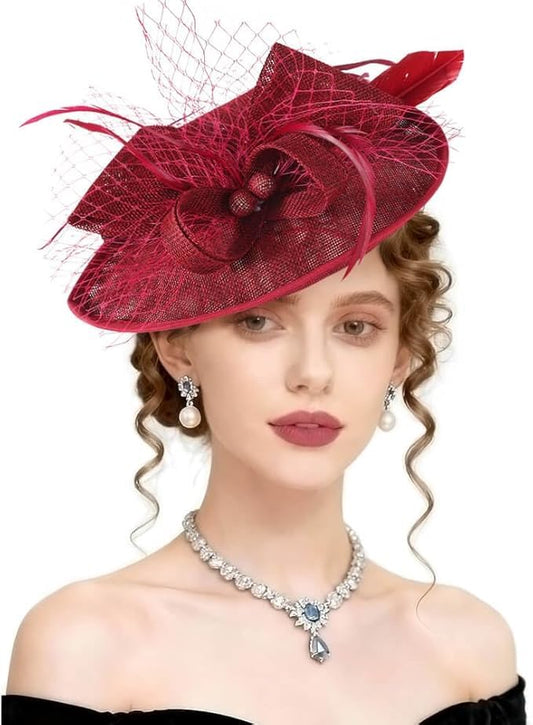 AQOKKA Women Fascinators Hats Flower Mesh Feathers Headband Clip - color: 1 Pc Feather Fascinators : Burgundy a