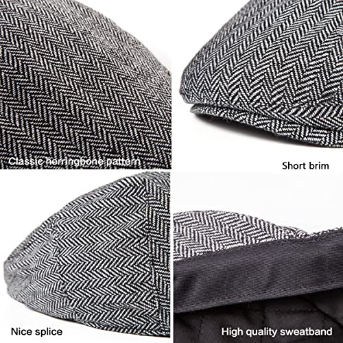 Herringbone Flat Ivy Newsboy Cap for Men 1920s Wool Blend Tweed Cabbie Hat - color: Filled Quilted Lining Grey, size: 7 3/8-7 5/8