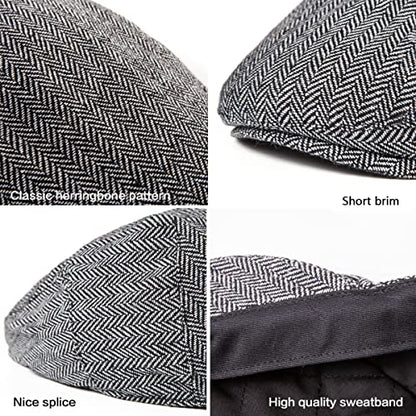 Herringbone Flat Ivy Newsboy Cap for Men 1920s Wool Blend Tweed Cabbie Hat - color: Filled Quilted Lining Grey, size: 7 3/4-7 7/8