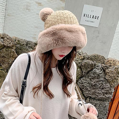 Winter Pompom Beanie Hats Women Knit Womens Beanie Faux Fur Crochet Skull Cap Warm Bucket Outdoor Ear Cover - color: Khaki