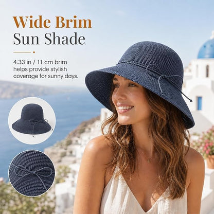 Beach Sun Hats for Women Foldable Straw Bucket Summer Hat Packable Travel - color: Charcoal Blue
