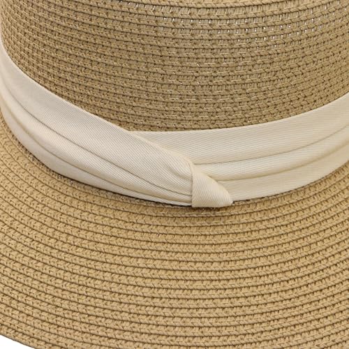 Straw Sun Hat Wide Brim Panama Boater Hat for Women & Men - Lightweight Foldable Summer Beach Hat for Vacation - color: Beige