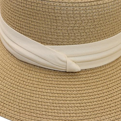 Straw Sun Hat Wide Brim Panama Boater Hat for Women & Men - Lightweight Foldable Summer Beach Hat for Vacation - color: Beige