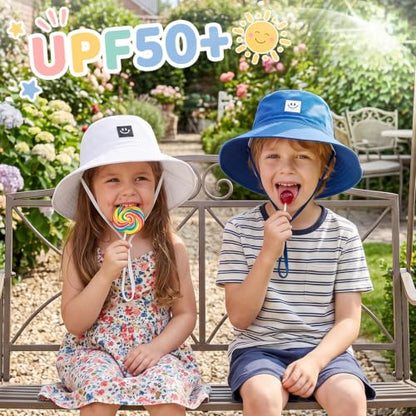 Kids Sun Hat Smile Face Bucket Hat Toddler Hat Wide Brim Adjustable Strap - color: White+blue, size: 3-8T