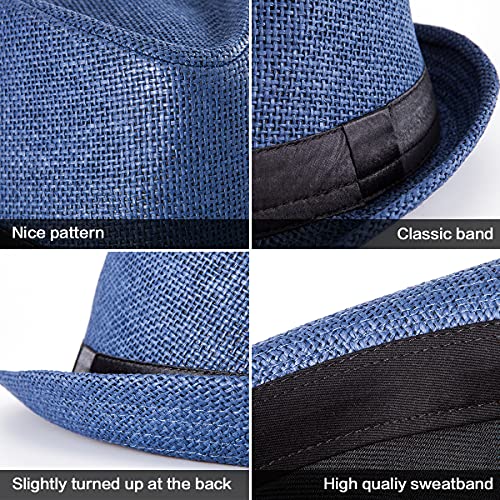 XL Straw Fedora Hats for Men Summer Trilby Beach Travel Panama Casual 7 1/2 - color: Navy