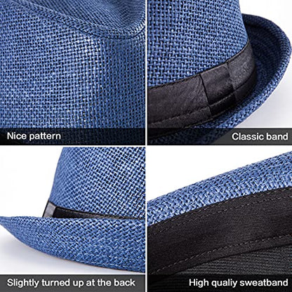 XL Straw Fedora Hats for Men Summer Trilby Beach Travel Panama Casual 7 1/2 - color: Navy