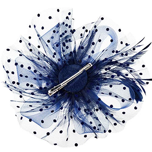 DRESHOW Fascinators Hat Flower Mesh Ribbons Feathers on a Headband and a Clip Tea Party Headwear for Girls and Women - color: 7" Diameter / Navy