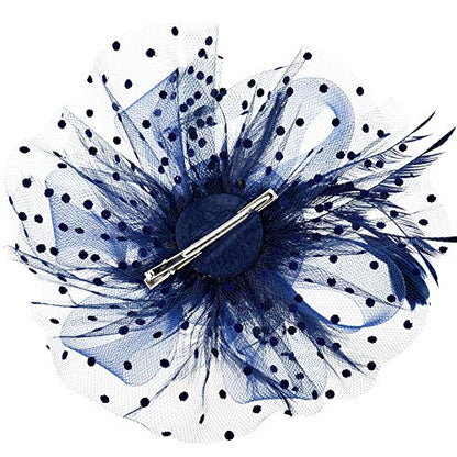 DRESHOW Fascinators Hat Flower Mesh Ribbons Feathers on a Headband and a Clip Tea Party Headwear for Girls and Women - color: 7" Diameter / Navy