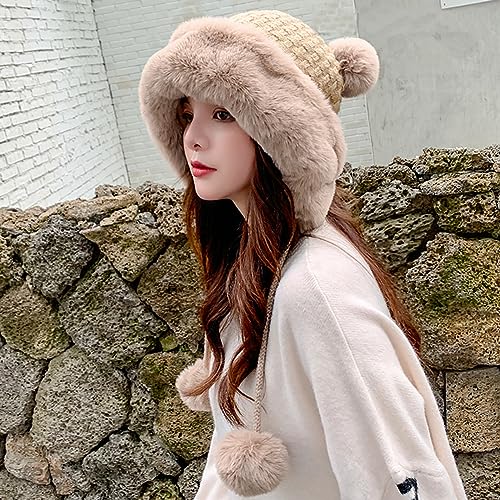 Winter Pompom Beanie Hats Women Knit Womens Beanie Faux Fur Crochet Skull Cap Warm Bucket Outdoor Ear Cover - color: Khaki
