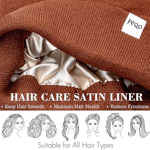 FEQO 4 Pack Satin Lined Winter Beanie Hats Soft Silk Lined Beanies - color: Navy Blue, Black, Dark Gray, Caramel