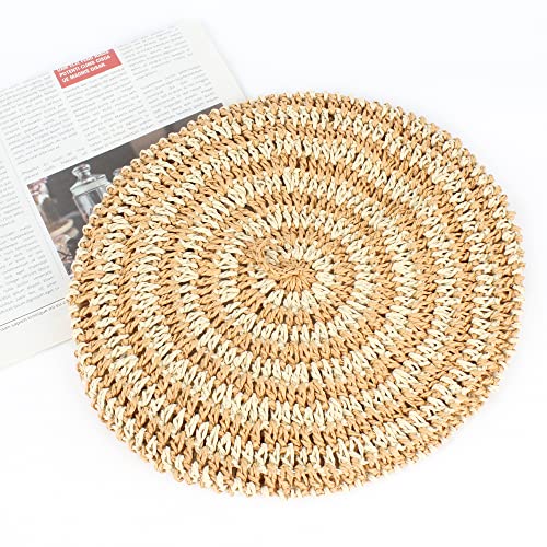 Women Summer Straw Woven Sunhat Classic Beret Artist Painter Sun Hat Cap - color: Stripes Khaki
