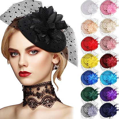 Jeyiour 15 Pcs Tea Party Fascinators for Women with Veil - color: Classic Color