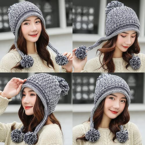 HUAMULAN Women Winter Sherpa Knit Beanie Hat Fleece Lined Ear Flaps - color: Gray