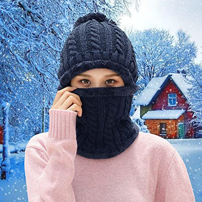 HUAMULAN Women Winter Knit Beanie Hats One Piece Fleece Lined Balaclavas - color: Navy