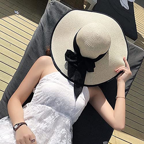 FSIGOM Women's Folable Floppy Hat,Wide Brim Sun Protection Straw Hat, Summer UV Protection Beach Cap - color: C1-e-beige2, size: Medium