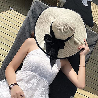 FSIGOM Women's Folable Floppy Hat,Wide Brim Sun Protection Straw Hat, Summer UV Protection Beach Cap - color: C1-e-beige2, size: Medium