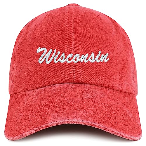Trendy Apparel Shop Wisconsin State Embroidered Low Profile Adjustable Cotton Cap - color: Red