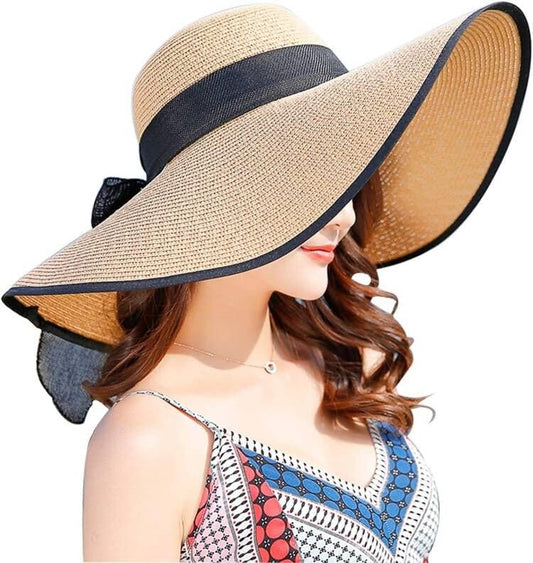 AQOKKA Beach Hats for Women Men Big Straw Wide Brim Summer Hat Floppy Foldable Roll up Cap for Beach Outdoor UPF 50+ - color: 1 Pack: Bow Knot Khaki