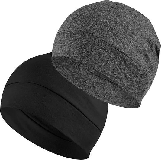 BISMAADH Cotton Skull Caps for Men and Women,2-Pack Lightweight Beanie Sleep Hats Breathable Helmet Liner Biking - color: Black & Mdg