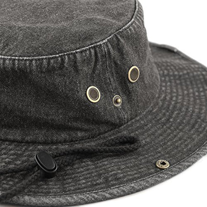 The Hat Depot Cotton Stone-Washed Safari Wide Brim Foldable Double-Sided Sun Boonie Bucket Hat - color: 4. Black Denim, size: Small-Medium