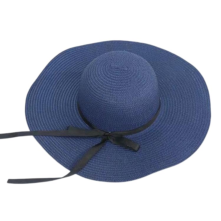 Women's Extra Wide Brim Straw Floppy Panama Sun Hat with Bow - color: Navy Blue