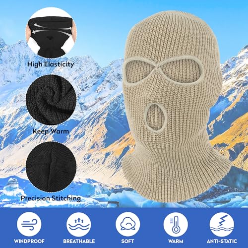 Pukavt 2 Pack 3 Hole Winter Knitted Mask, Ski Mask Balaclava Cap - color: Black/Beige