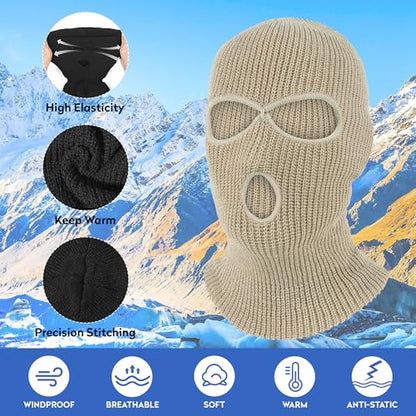 Pukavt 2 Pack 3 Hole Winter Knitted Mask, Ski Mask Balaclava Cap - color: Black/Beige