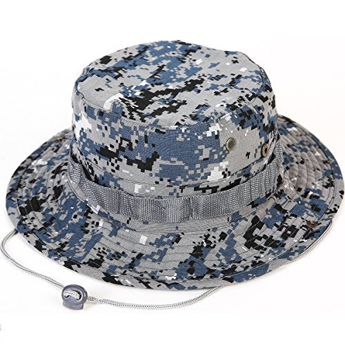 Wide Brim Boonie Hat, Men & Women Top Camo Bucket Hats for Safari Military Beach - color: Blue Digi