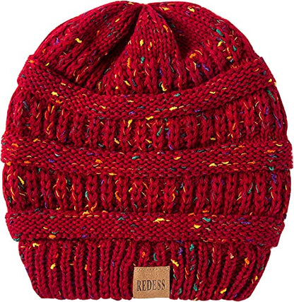 REDESS Slouchy Beanie Hat for Men and Women Winter Warm Knit Hat Chunky Soft Oversized Cable Cap - color: B4 Confetti Wine Red