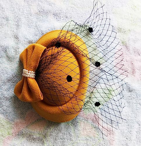 Fascinators Hats Pillbox Hat for Girl and Women - color: Yellow-fascinator With Bowknot Veil