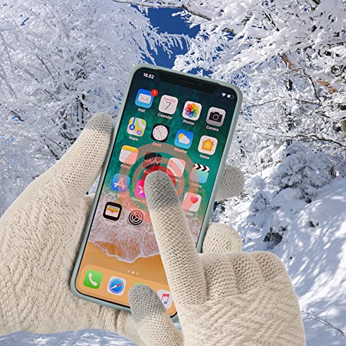 3 Pcs Women Winter Knit Beanie Hat Scarf Touchscreen Gloves Set Warm Soft Thick Fleece Lined Skull Cap with Double Pom Pom - color: Beige