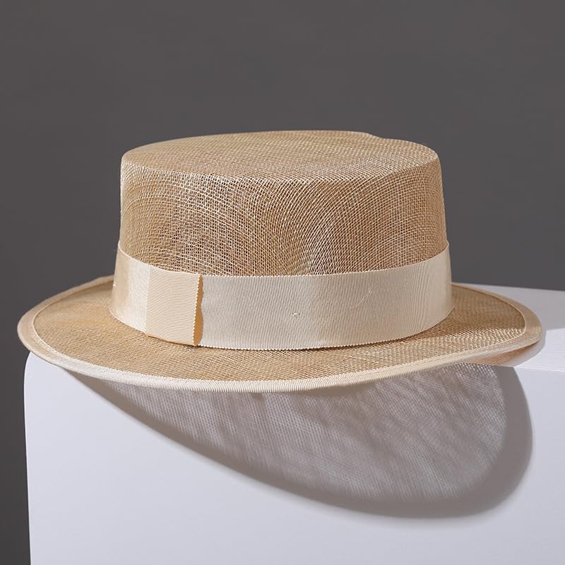 2026 Luxury Handmade Boater Hat, Lightweight Breathable Flax Yarn Summer Hat for Cruise Vacation Photo Essential. - color: Beige