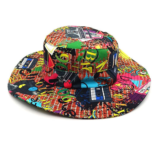 Sun Bucket Hat for Men Women Fishing Beach Safari Trendy Cotton Cowboy Cap for Golf Hiking Hunting Outdoor Boonie - color: 90s Graffiti