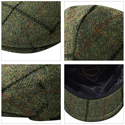 FEINION Men's Wool Tweed Newsboy Ivy Cap Gatsby Golf Flat Hat - color: Plaid Light Green, size: 7 3/4