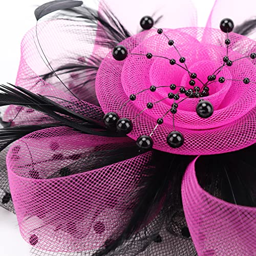 AQOKKA Women Fascinators Hats Flower Fascinators with Headband and Clip Tea Party Headwear for Women and Girls - color: 1 Pc 7" Diameter / Black Fuschia a