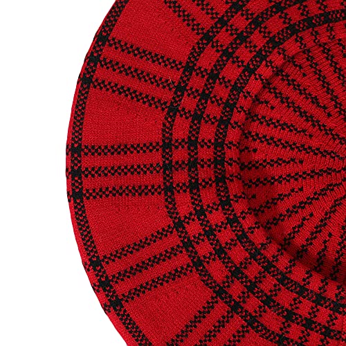 ZLYC Women French Beret Hat Reversible Knit Thickened Warm Artist Cap - color: Checkered Red