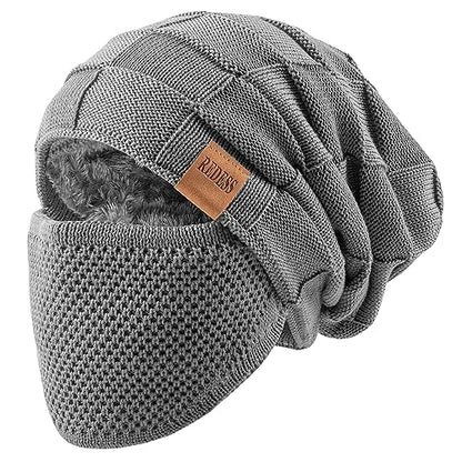 REDESS Beanie Hat for Men and Women Winter Warm Hats Knit Slouchy Thick Skull Cap with Face Cover - color: Puregrey