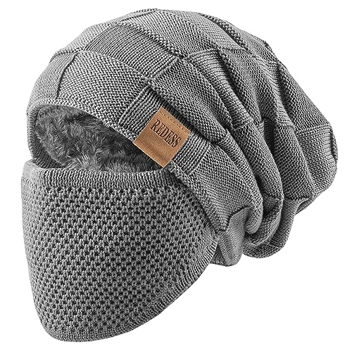 REDESS Beanie Hat for Men and Women Winter Warm Hats Knit Slouchy Thick Skull Cap with Face Cover - color: Puregrey