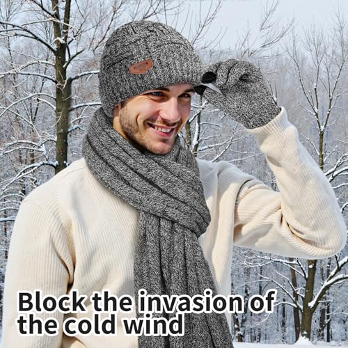 Winter Scarf for Men, 3 PCS Fleece Beanie Hat and Gloves Set - color: Blended Light Grey Set