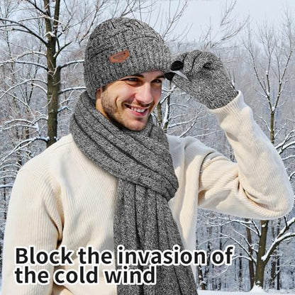 Winter Scarf for Men, 3 PCS Fleece Beanie Hat and Gloves Set - color: Blended Light Grey Set