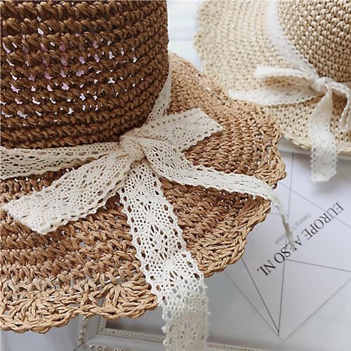 Summer Beach Sun Straw Hats for Women Wide Brim Packable Travel Bucket Hats UPF 50+ - color: Light Brown