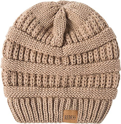 REDESS Slouchy Beanie Hat for Men and Women Winter Warm Knit Hat Chunky Soft Oversized Cable Cap - color: A5 Khaki