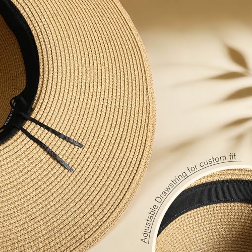 Women's Sun Straw Hat Wide Brim Floppy Foldable Hats Beach Travel Summer Vacation Hat UPF 50+ - color: Khaki