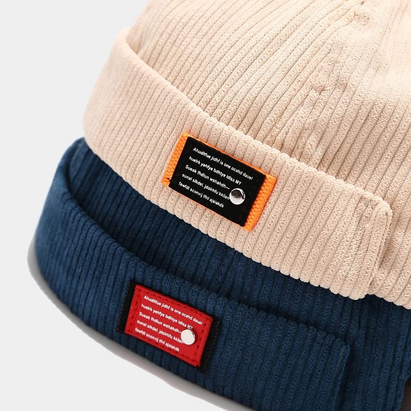Mens Corduroy Docker Brimless Skullcap Rolled Cuff Beanie Hat - color: Beige