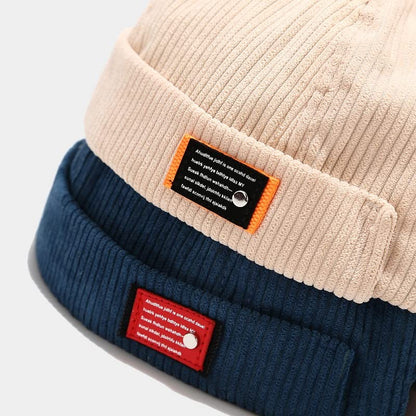 Mens Corduroy Docker Brimless Skullcap Rolled Cuff Beanie Hat - color: Beige