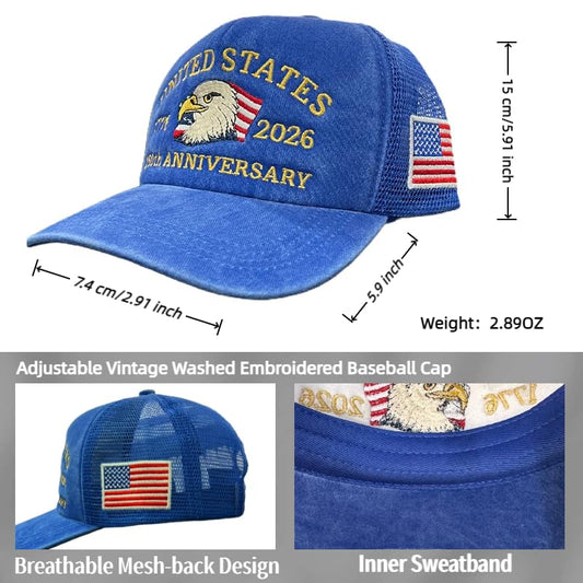 250th Anniversary USA Hat Retro Embroidered Baseball Cap Adjustable Mesh-Back Trucker Hat for Men Women - color: Royal Blue