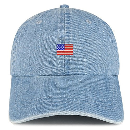 Trendy Apparel Shop US American Flag Small Embroidered 100% Cotton Denim Cap Dad Hat - color: Light Blue