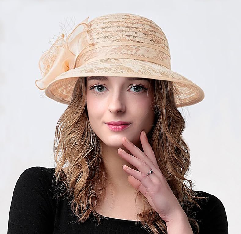 Women's Organza Derby Fascinator Hat Cloche Bowler Hat Cocktail Tea Party Wedding Sun Hat - color: A4-khaki