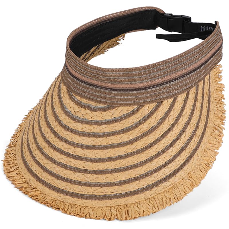 Straw Sun Visor Summer UV Protection Packable Wide Brim Beach Hat Ponytail Women - color: A-coffee